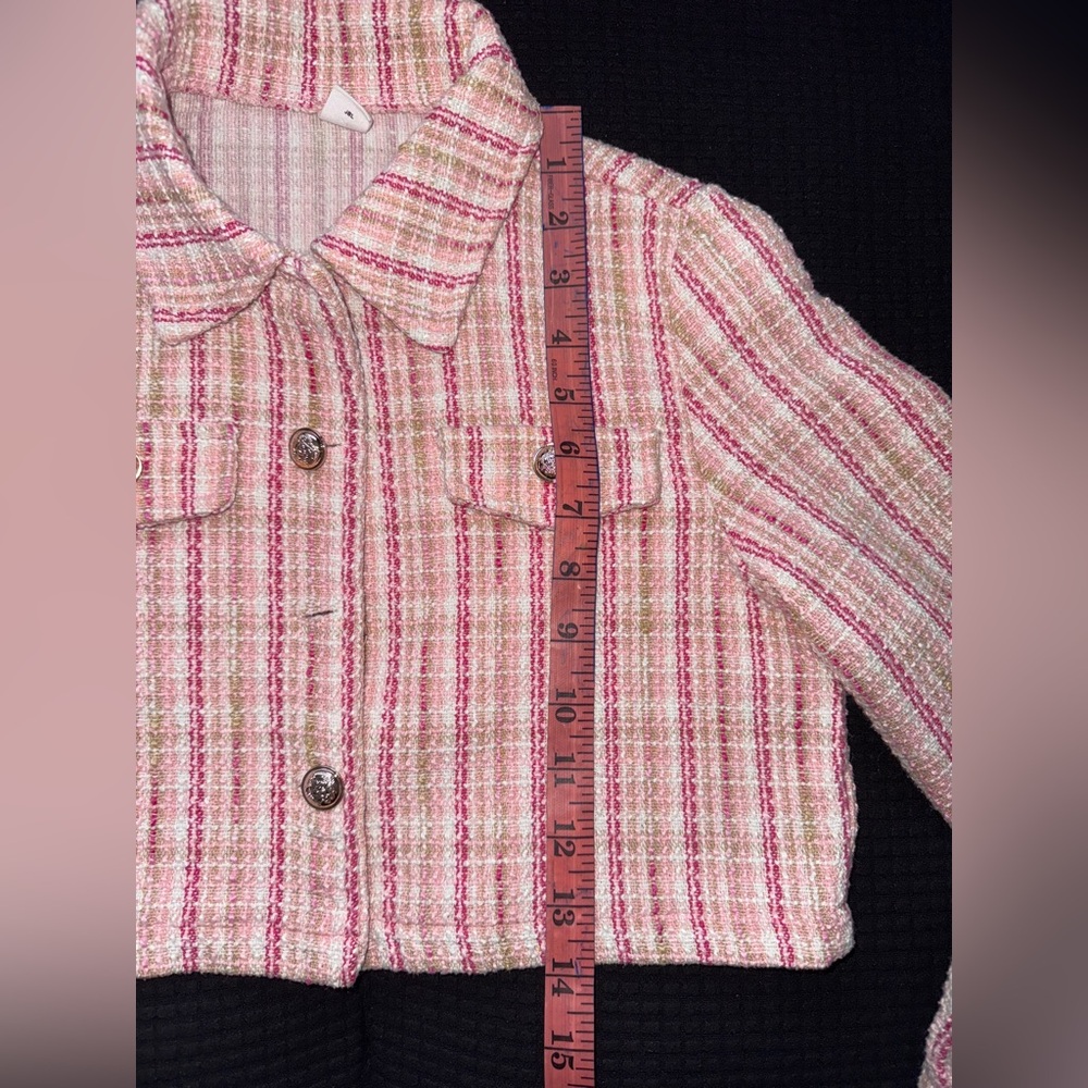 SHEIN Pink and White Plaid Print Tweed Crop Jacket Blazer Skirt . - Picture 11 of 13